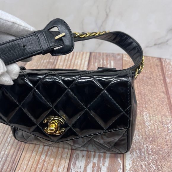 CHANEL Black Quilted Patent Crossbody with Gold Chain Strap - Picture 8 of 14